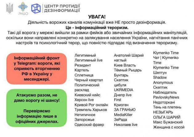 Недостоверная информация: в Украине опубликовали список Telegram-каналов российских коллаборантов